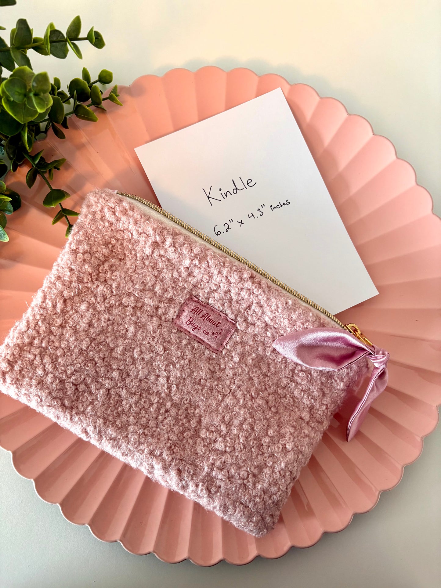 Pink Boucle with Satin bow Kindle/Makeup zipper pouch