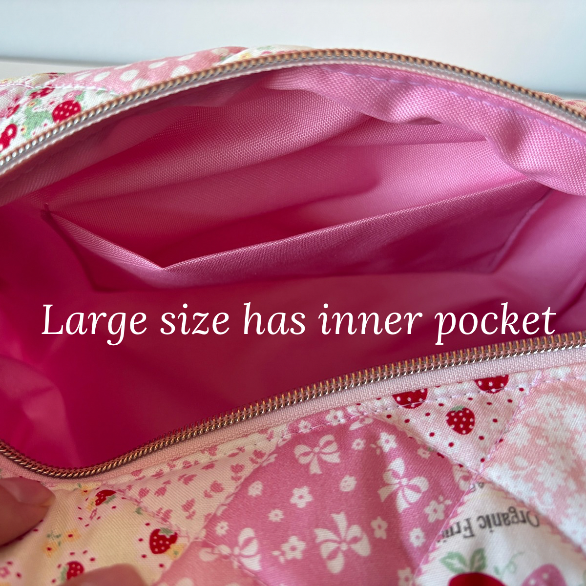 Quilted strawberry patchwork Makeup Bag with water-resistant lining