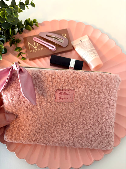 Pink Boucle with Satin bow Kindle/Makeup zipper pouch