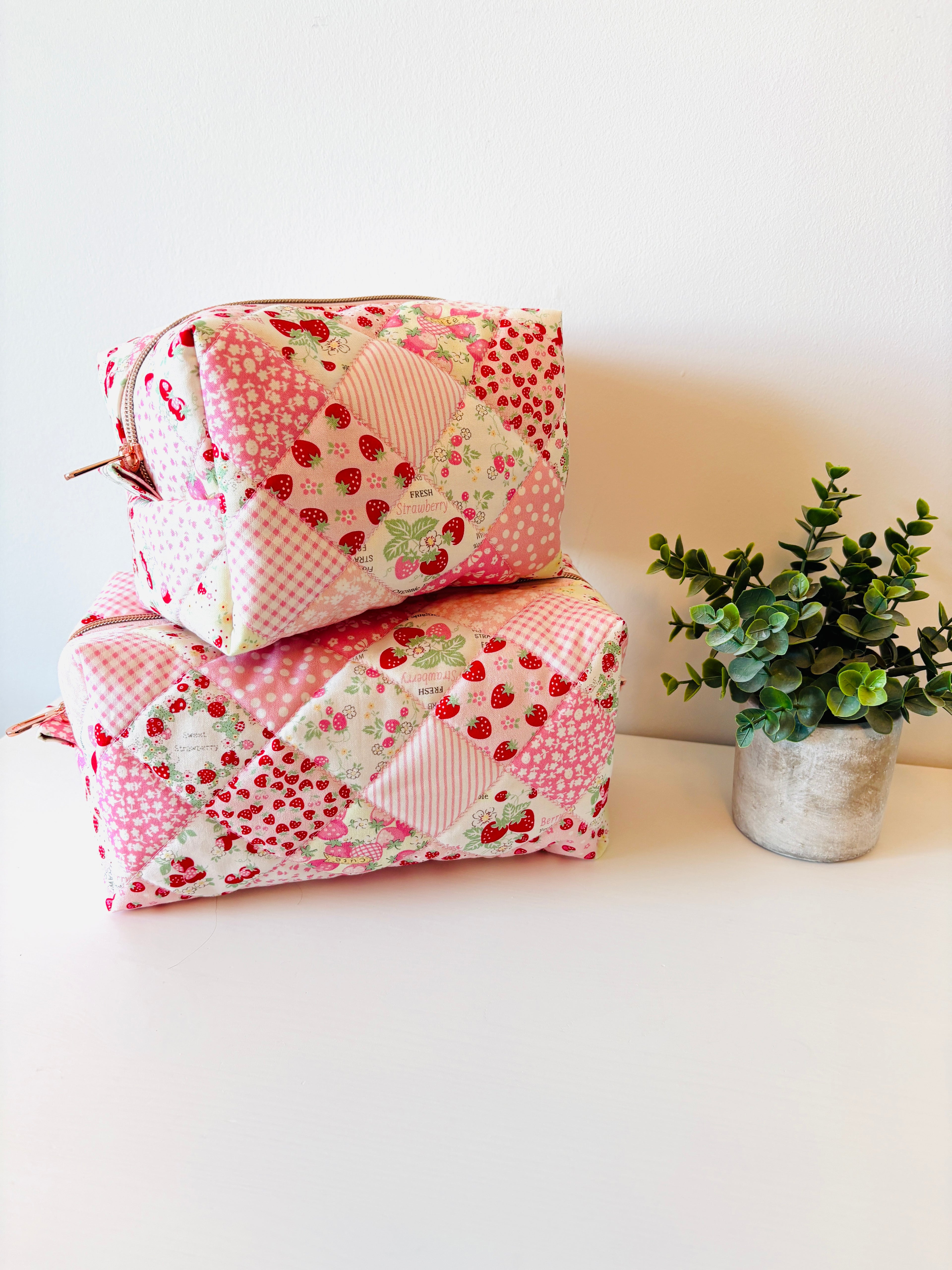 Quilted strawberry patchwork Makeup Bag with water-resistant lining