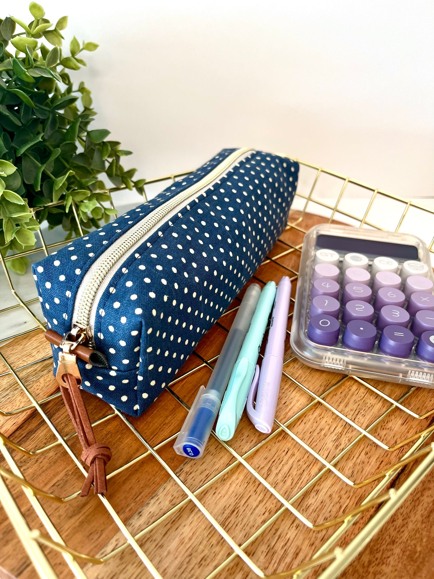 Blue with White Polka Dots Cotton Canvas Pencil Case