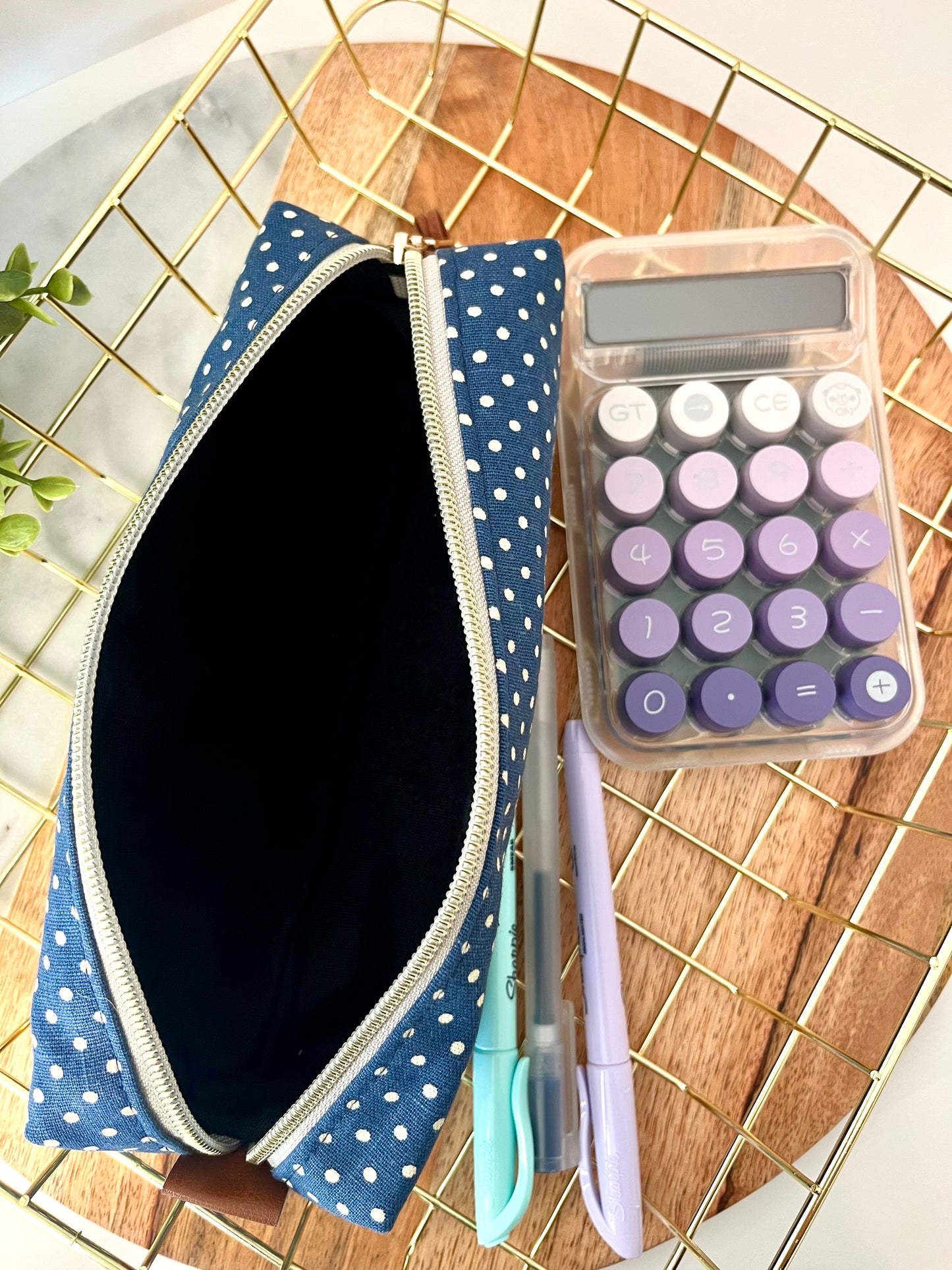 Blue with White Polka Dots Cotton Canvas Pencil Case