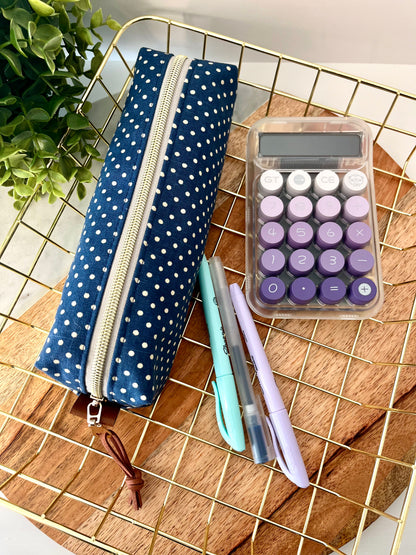 Blue with White Polka Dots Cotton Canvas Pencil Case