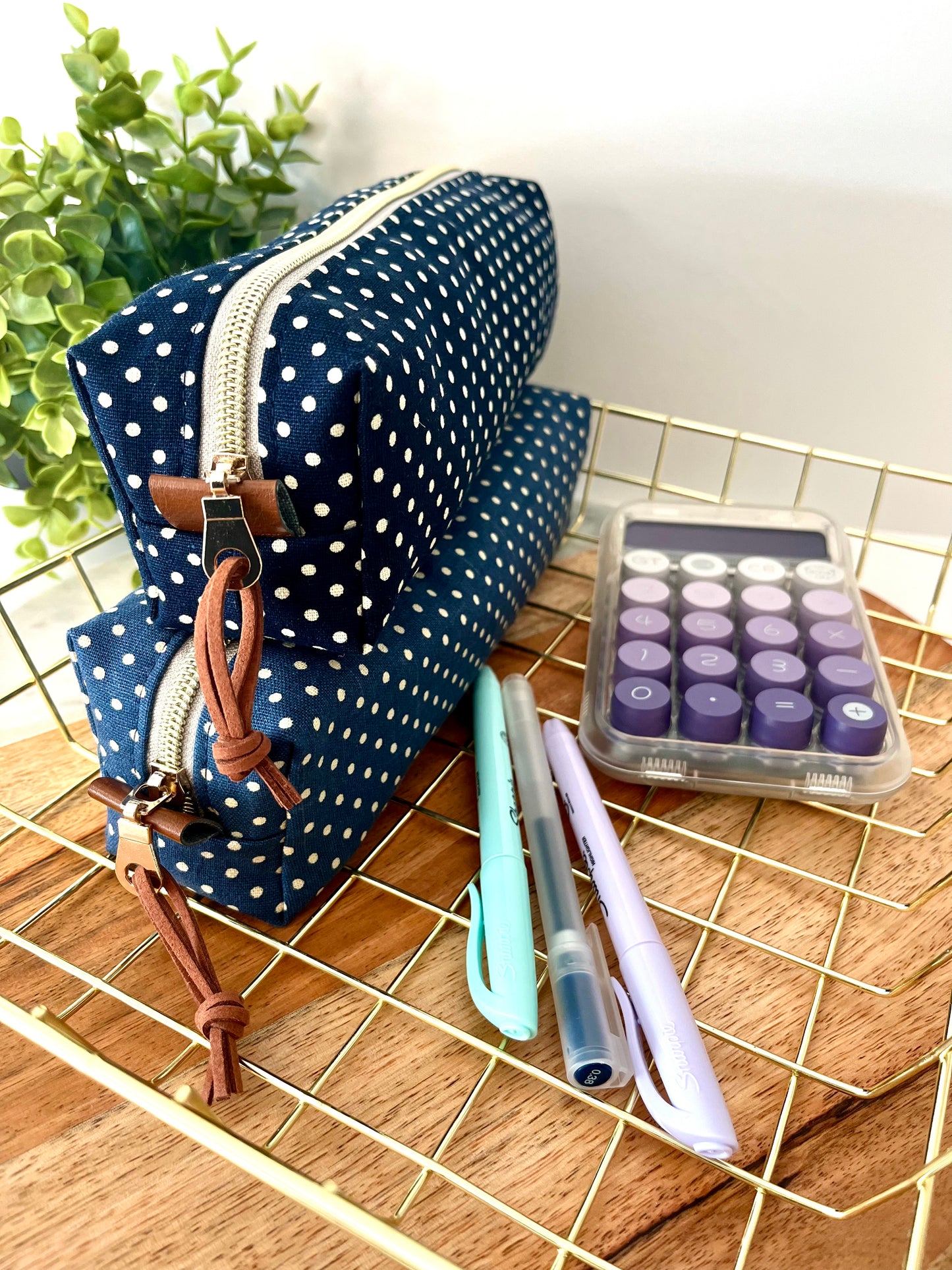 Dark Blue with White Polka Dots Cotton Canvas Pencil Case