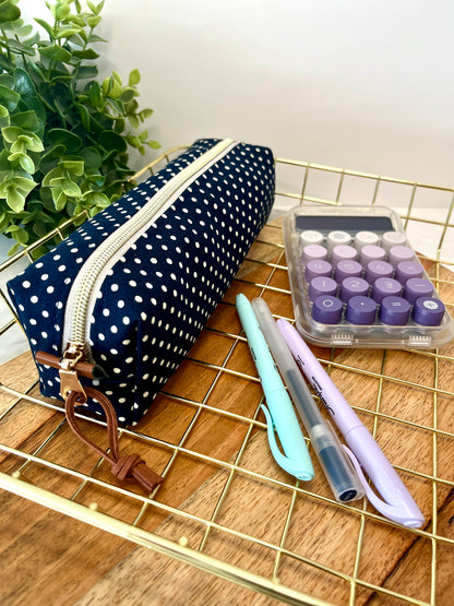 Dark Blue with White Polka Dots Cotton Canvas Pencil Case