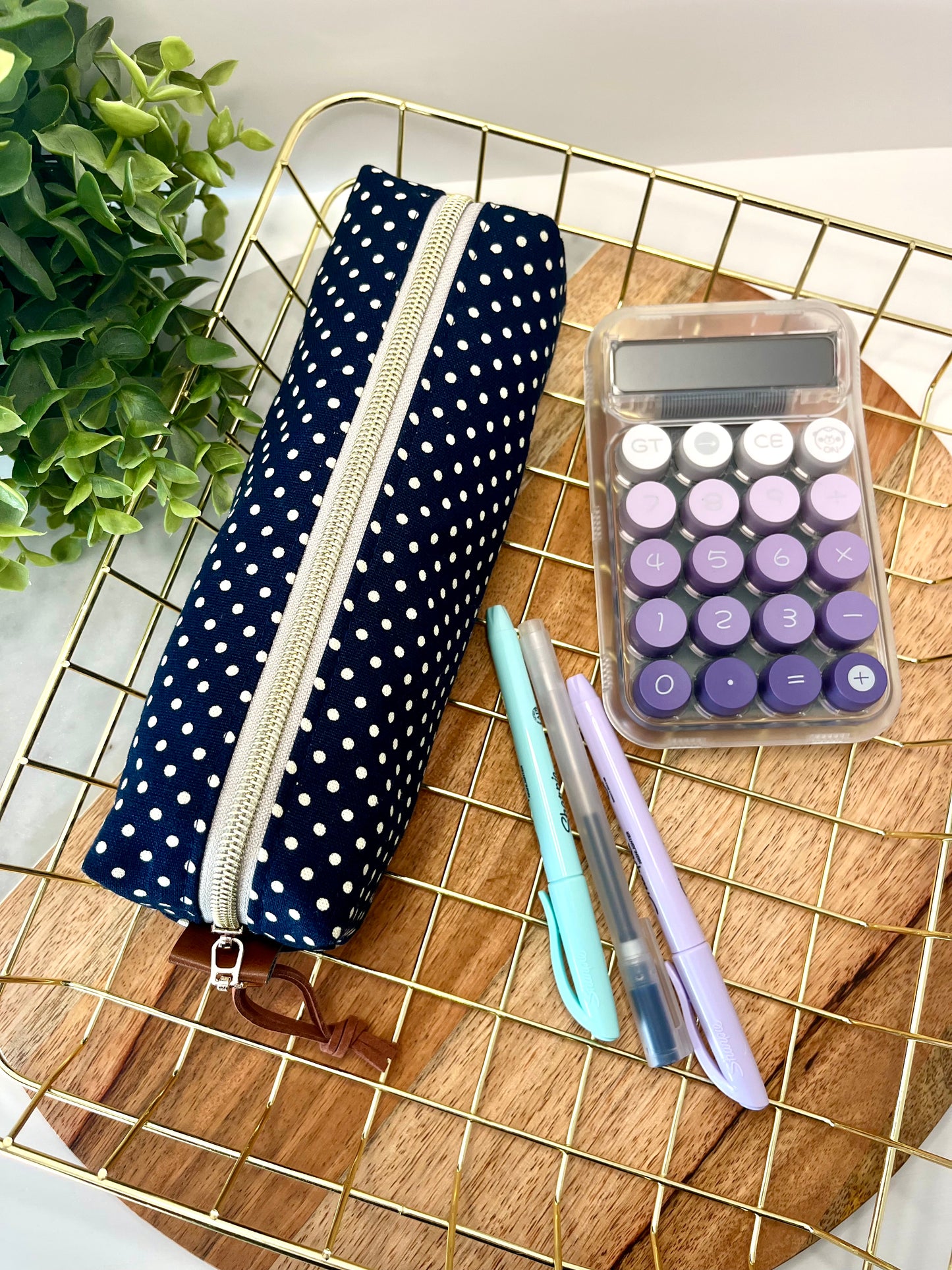 Dark Blue with White Polka Dots Cotton Canvas Pencil Case