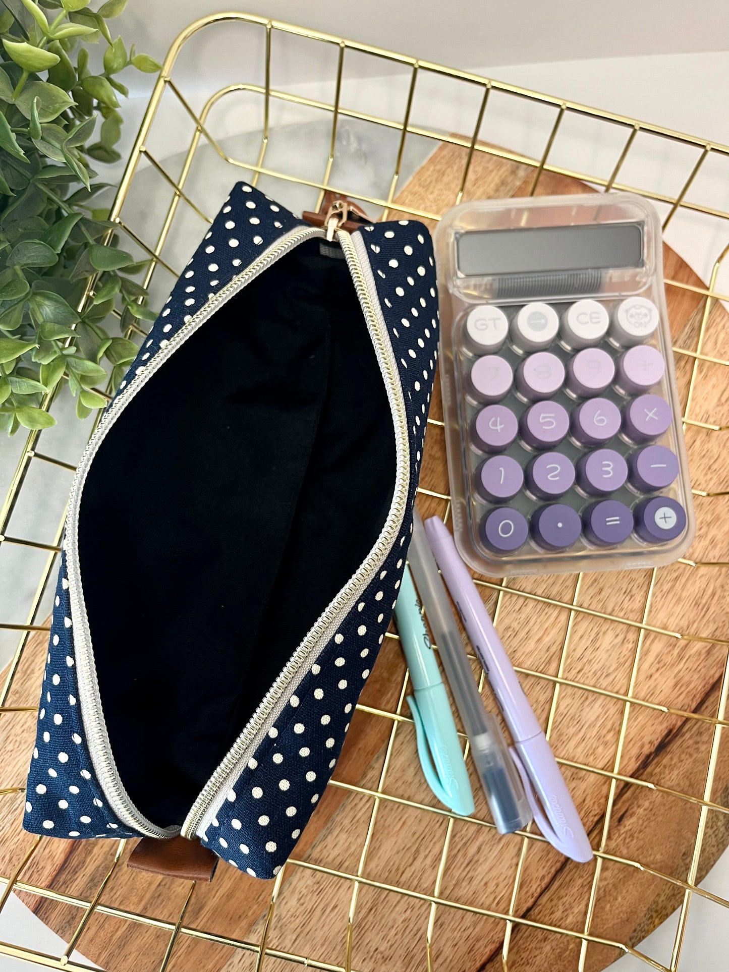 Dark Blue with White Polka Dots Cotton Canvas Pencil Case