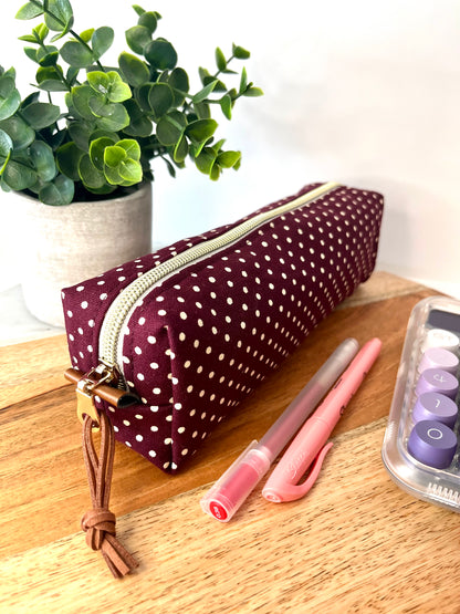 Maroon with White Polka Dots Cotton Canvas Pencil Case