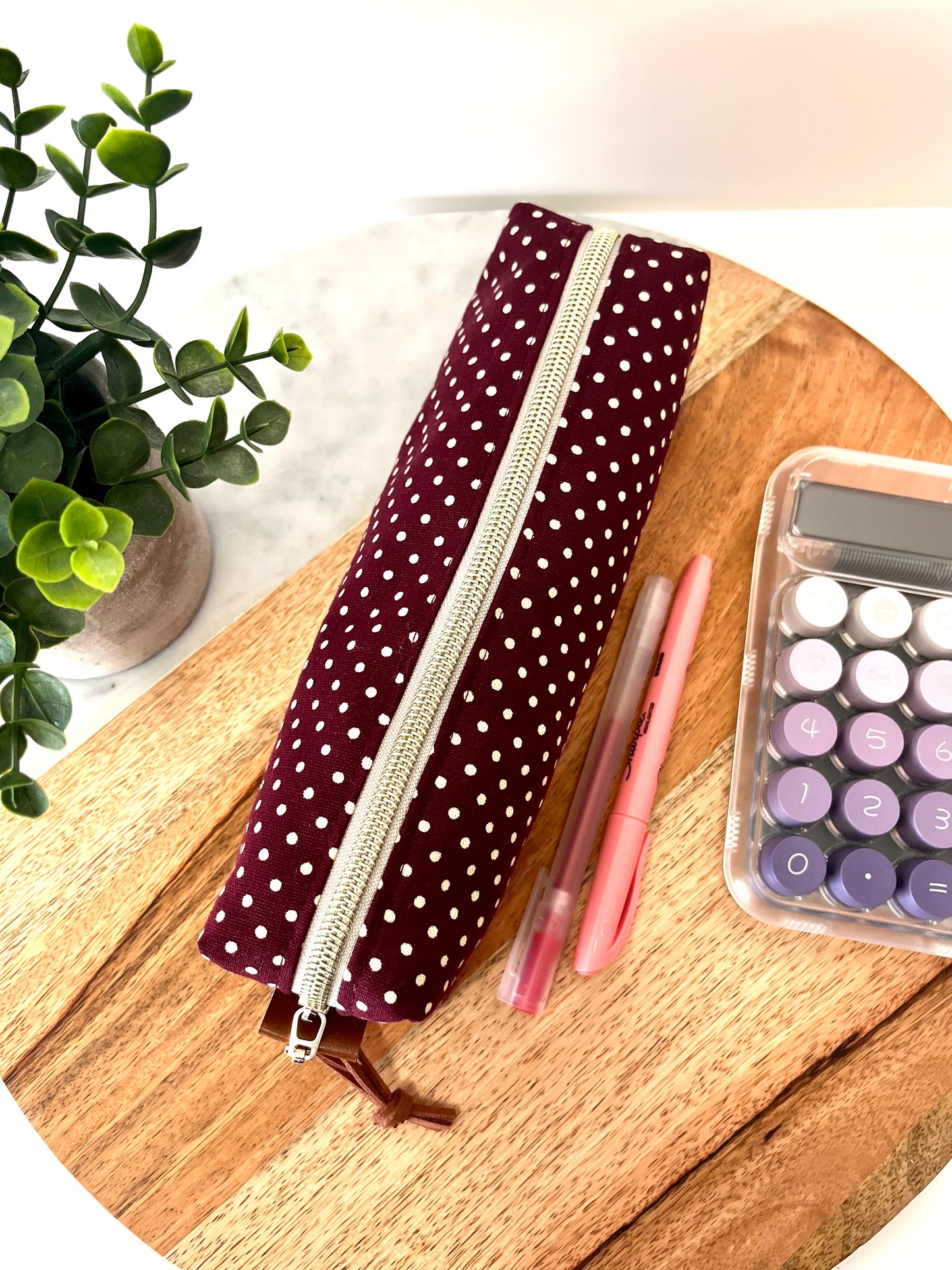 Maroon with White Polka Dots Cotton Canvas Pencil Case