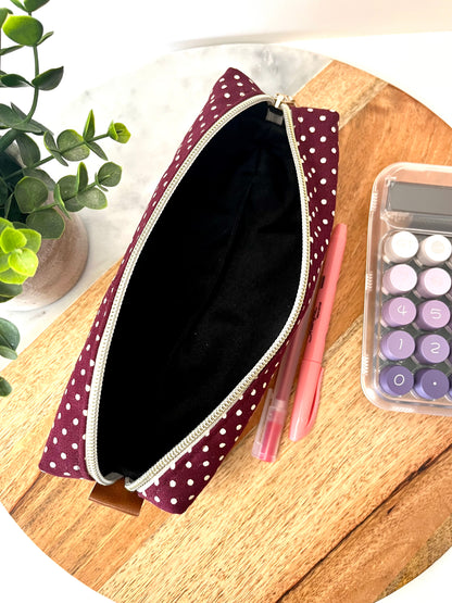 Maroon with White Polka Dots Cotton Canvas Pencil Case