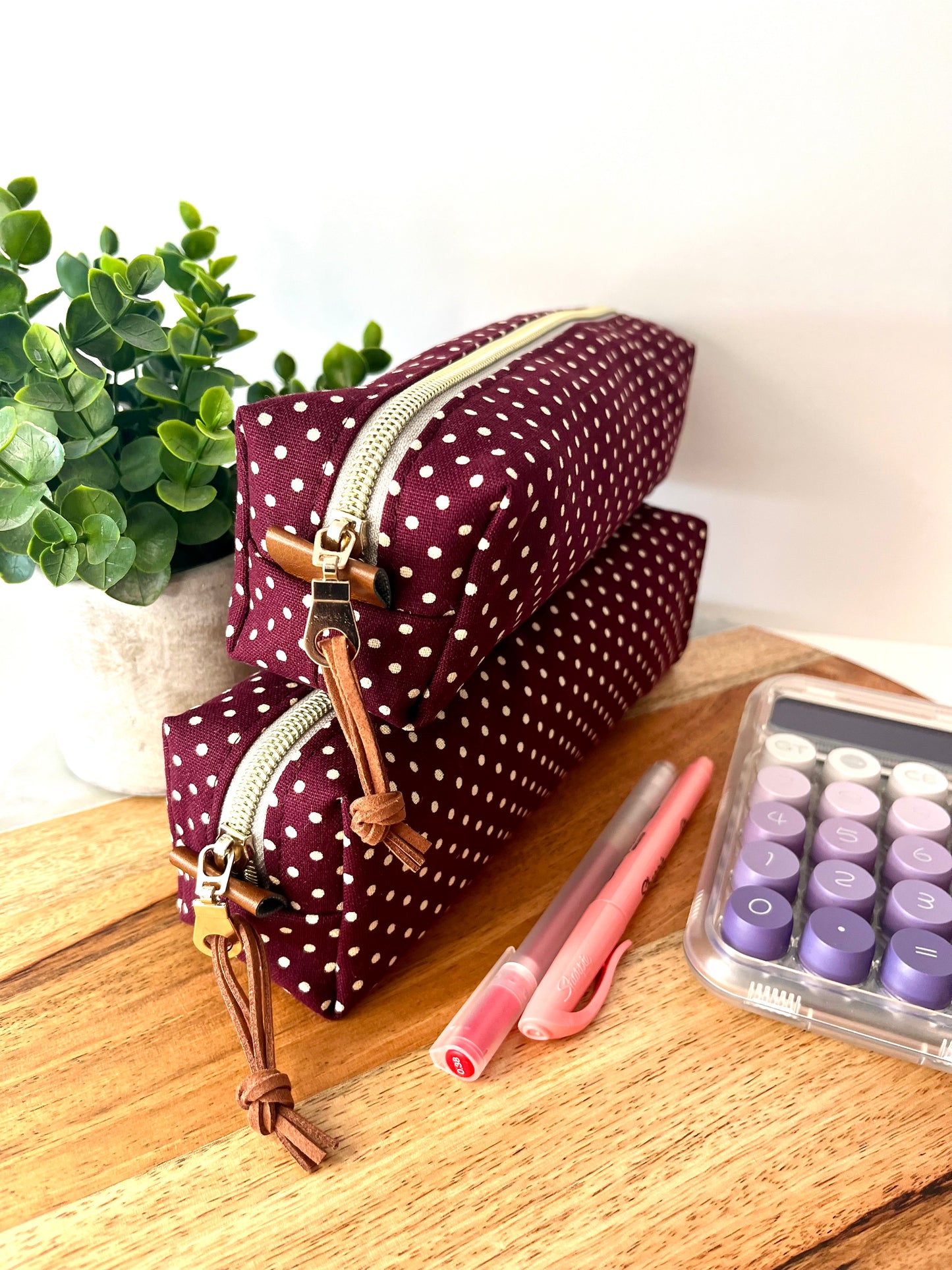 Maroon with White Polka Dots Cotton Canvas Pencil Case