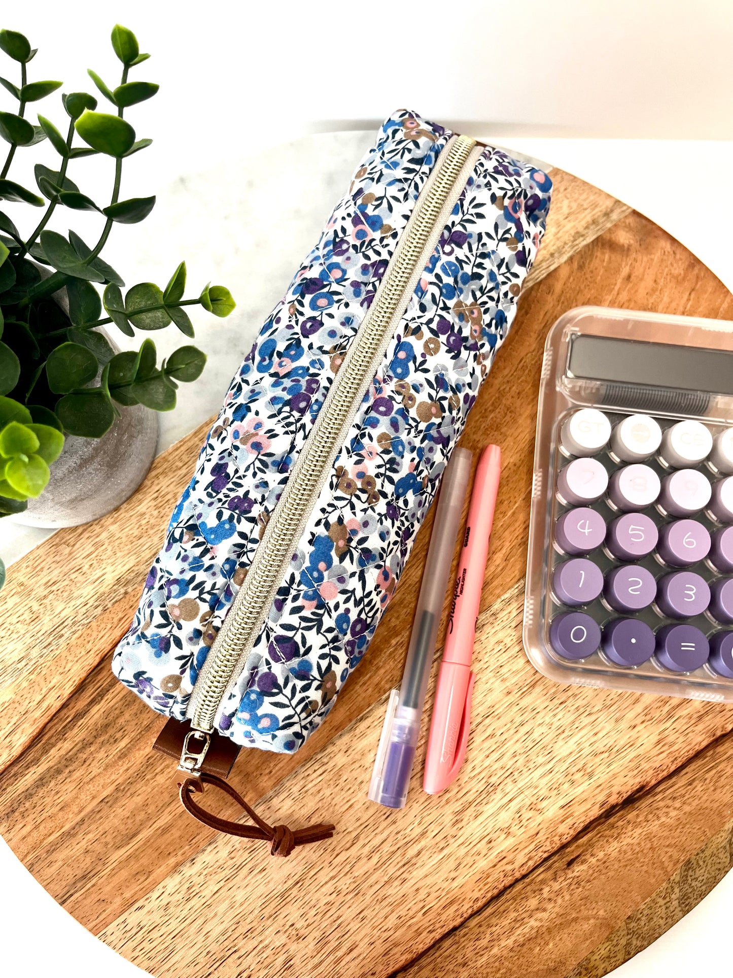 Purple Floral Cotton Quilted Pencil Case