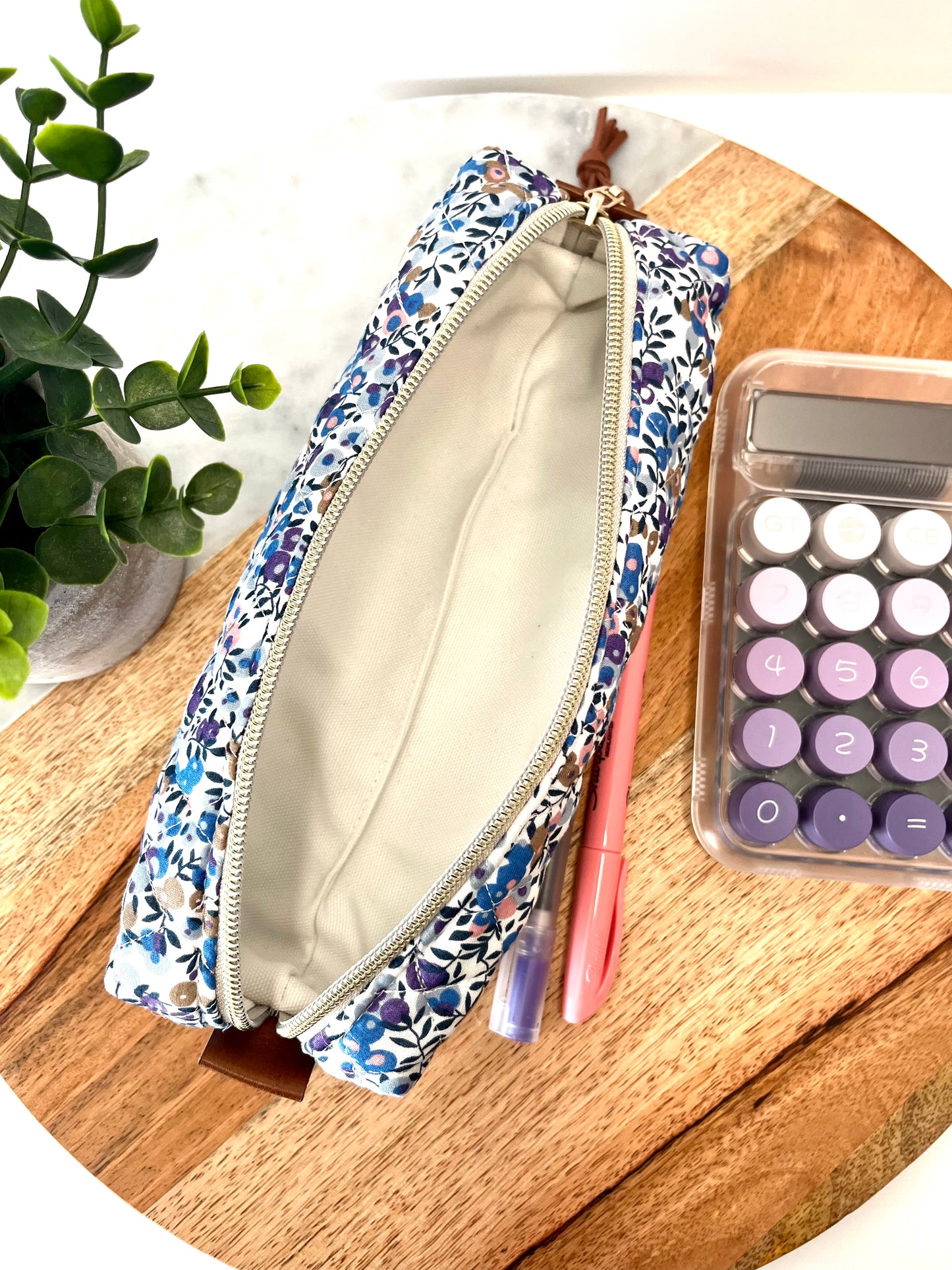 Purple Floral Cotton Quilted Pencil Case