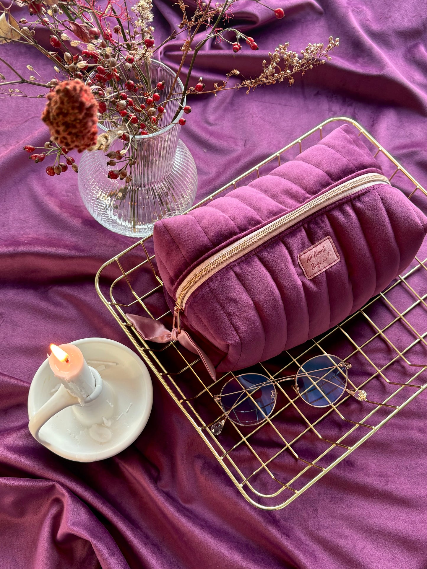 Medium Purple Velvet Quilted Toiletry Bag with Cotton Lining