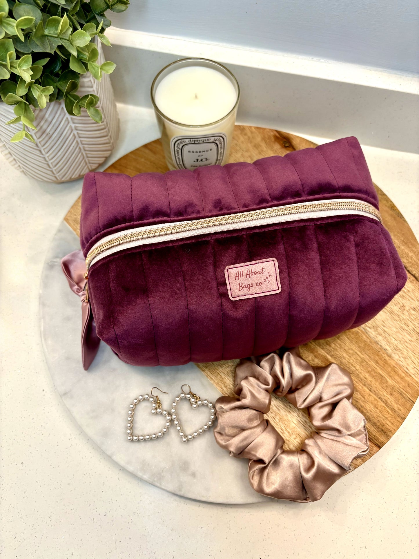 Medium Purple Velvet Quilted Toiletry Bag with Cotton Lining