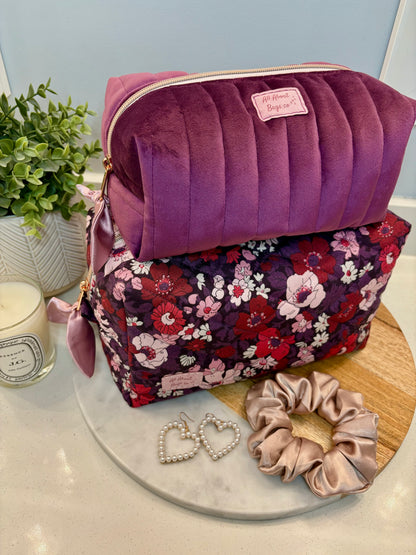 Medium Purple Velvet Quilted Toiletry Bag with Cotton Lining