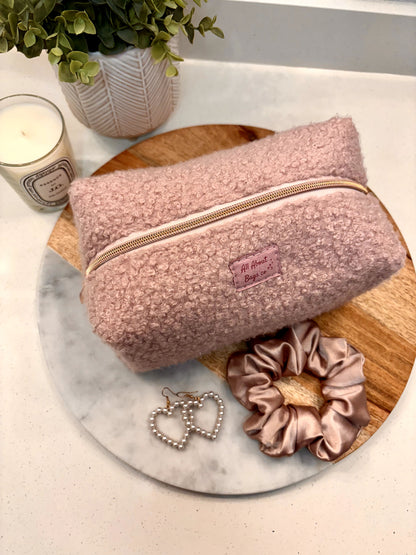 Medium Pink Cozy Boucle Toiletry Bag with Cotton Lining