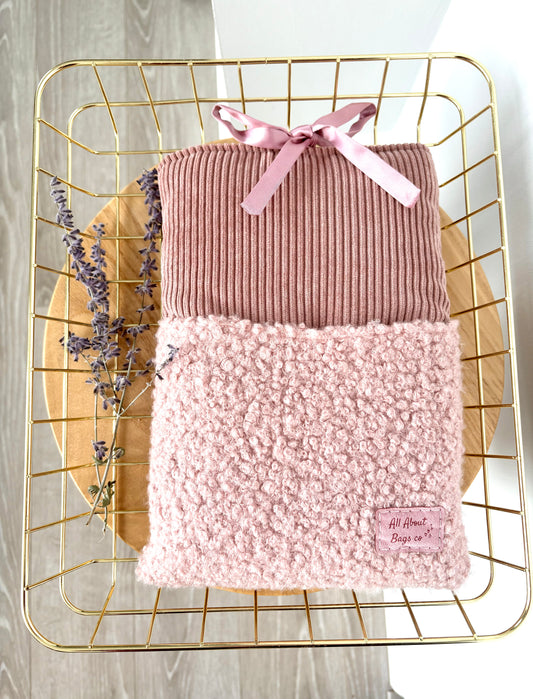 Pink Corduroy Xtra Poofy Book Sleeve with Pink Boucle front pocket