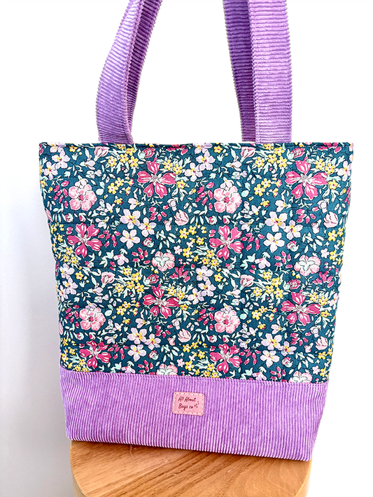 Floral Green Puffy Quilted/Purple Corduroy Tote Bag