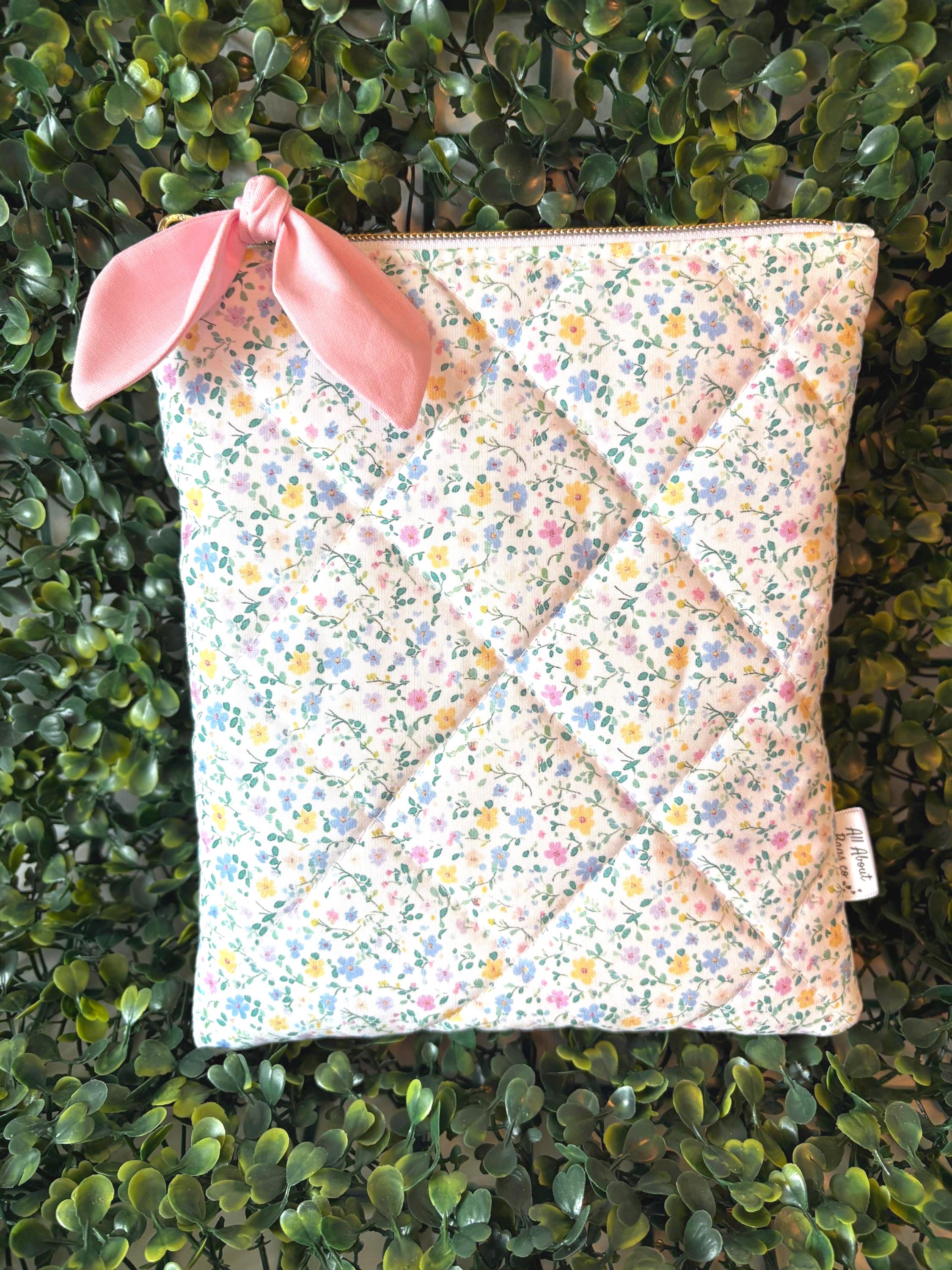 Baby Pink and Blue Floral Quilted Kindle Sleeve: Padded Cotton E - reader Cover with bow - All About Bags Co