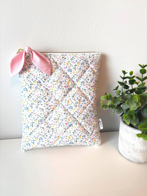 Baby Pink and Blue Floral Quilted Kindle Sleeve: Padded Cotton E - reader Cover with bow - All About Bags Co