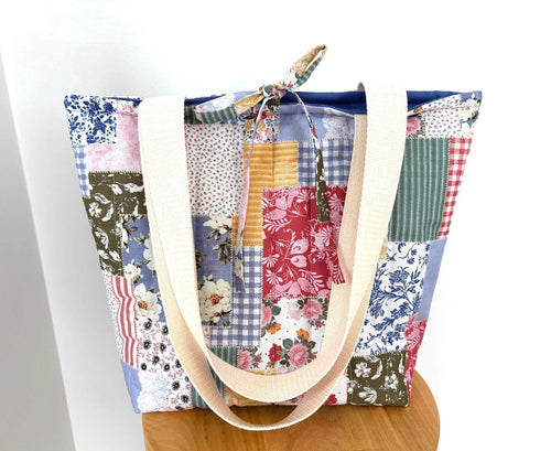 Blue Boho Patchwork Quilted Cotton Tote Bag, Cottage core purse - All About Bags Co
