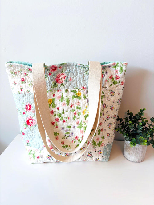 Blue Floral Patchwork Quilted Cotton Tote Bag - All About Bags Co