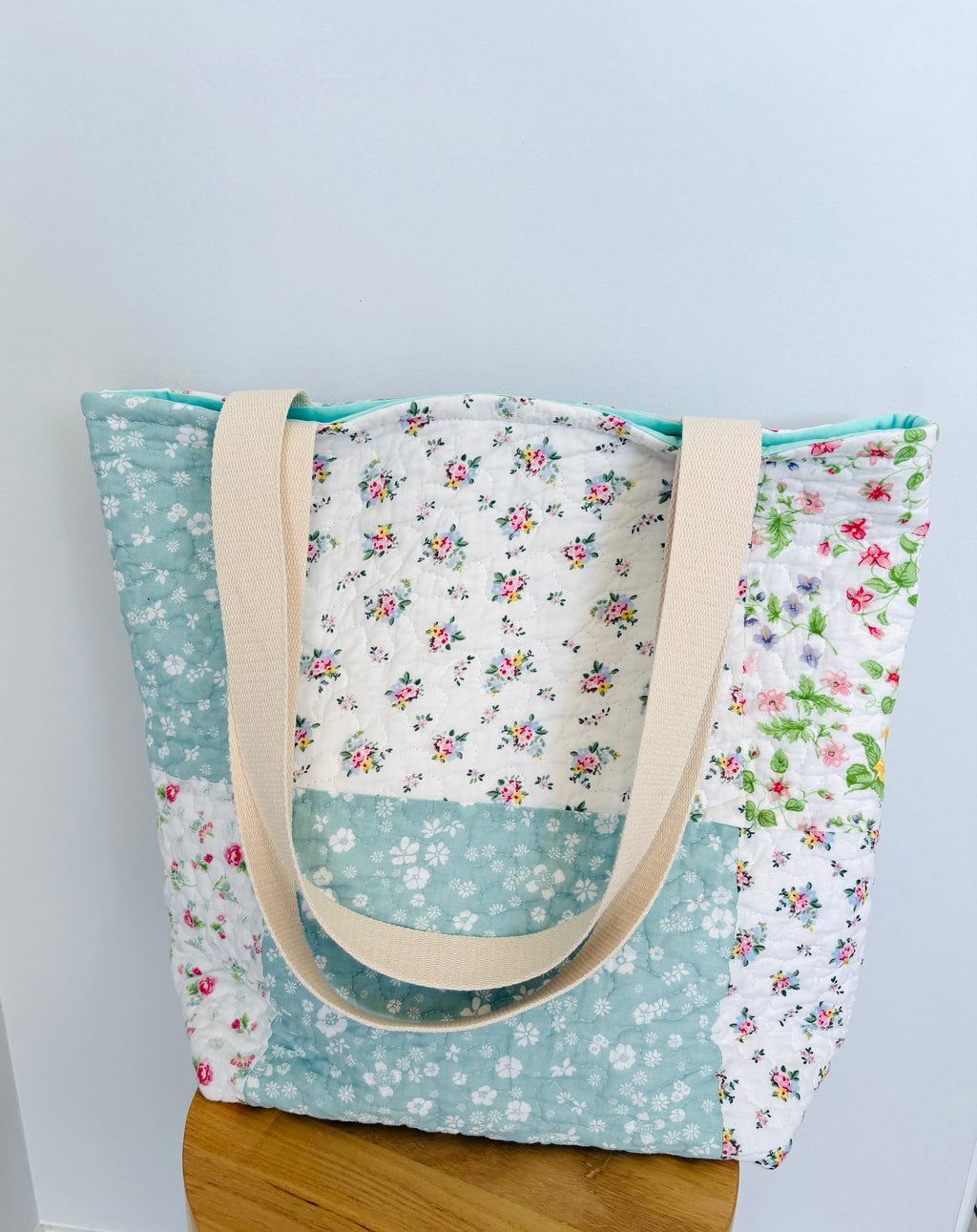 Blue Floral Patchwork Quilted Cotton Tote Bag - All About Bags Co