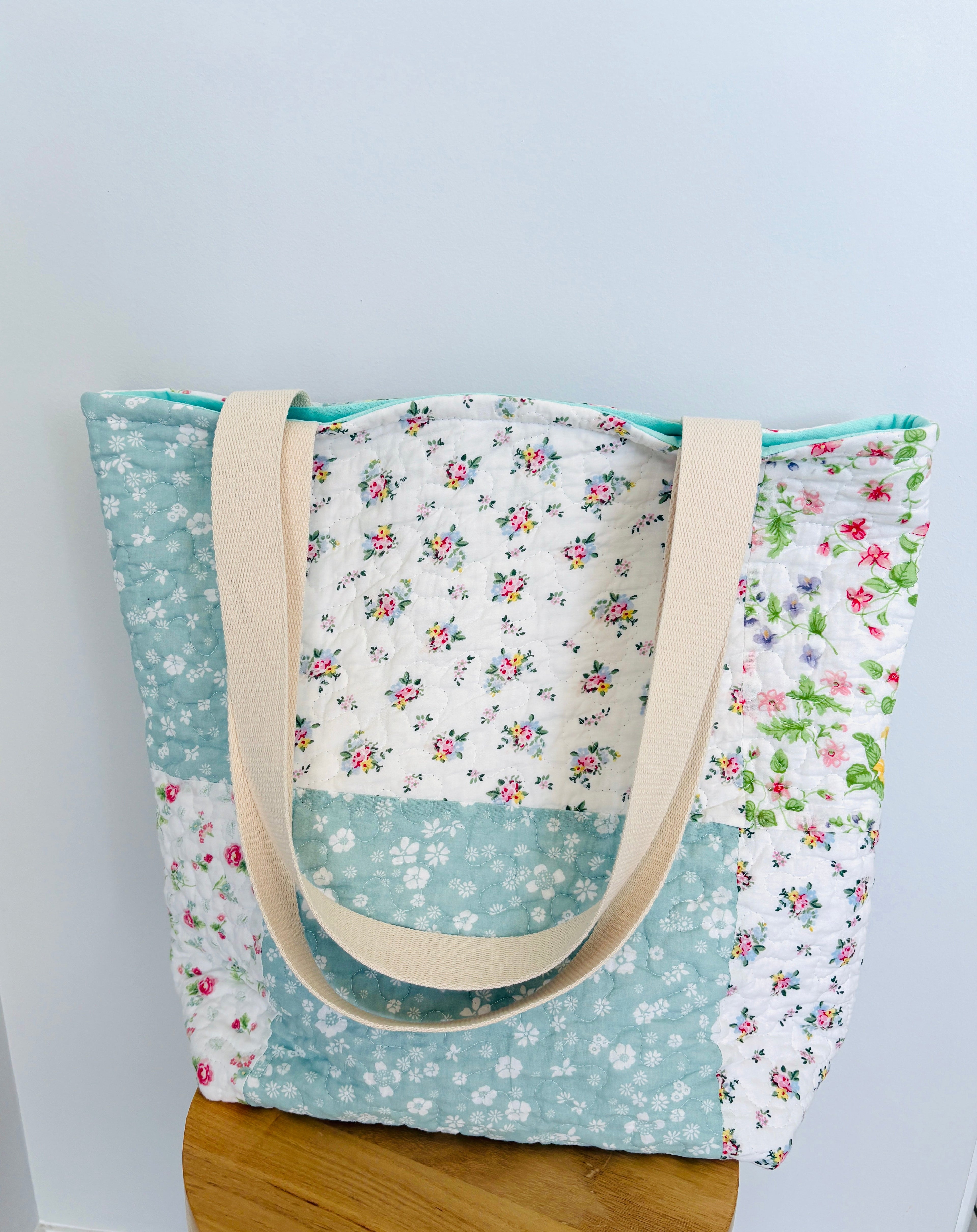 Blue Floral Patchwork Quilted Cotton Tote Bag - All About Bags Co
