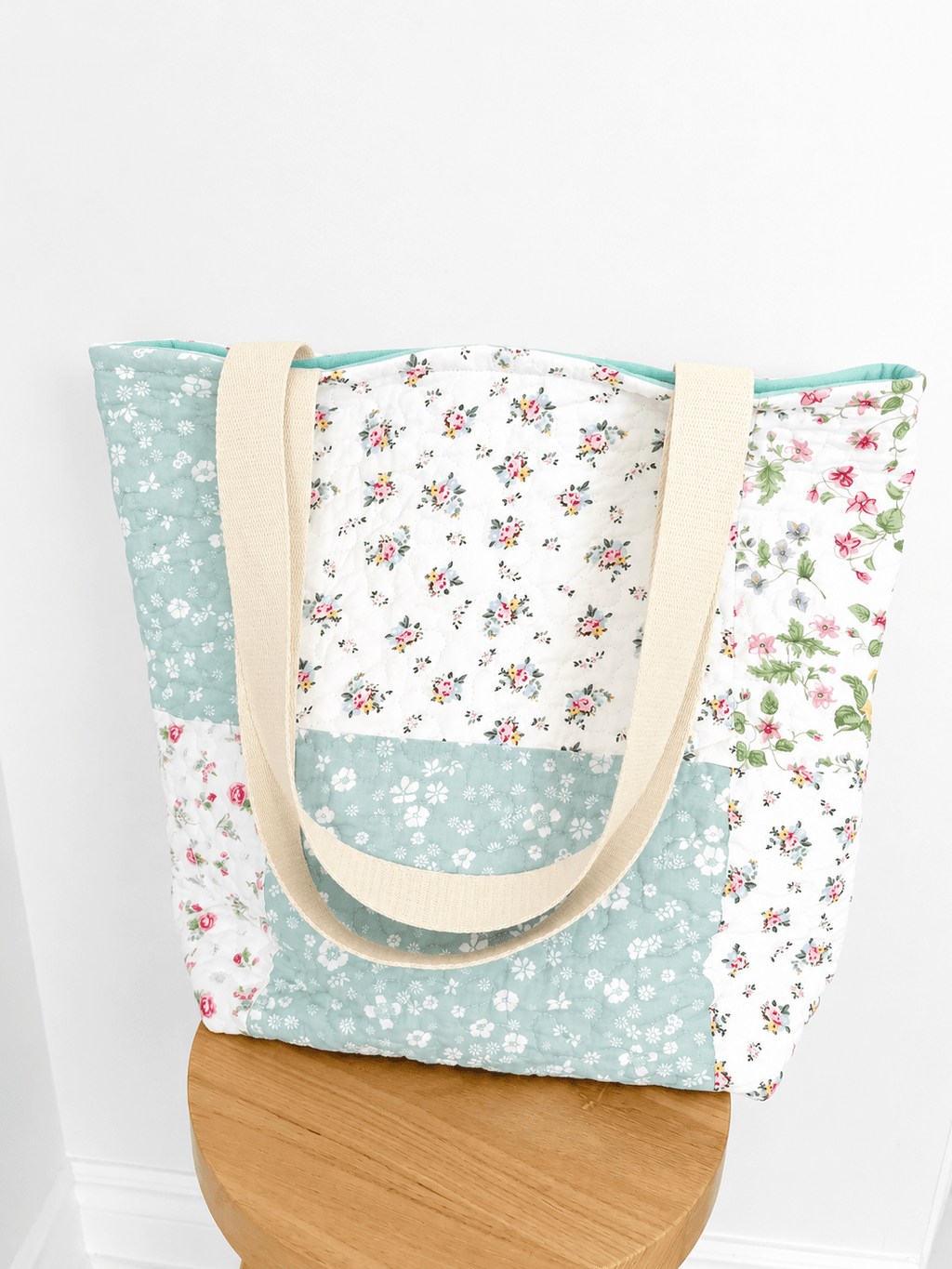 Blue Floral Patchwork Quilted Cotton Tote Bag - All About Bags Co
