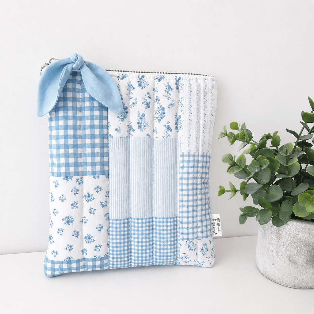Blue Patchwork Gingham Quilted Kindle Sleeve: Quilted Cotton E-reader Cover - All About Bags Co