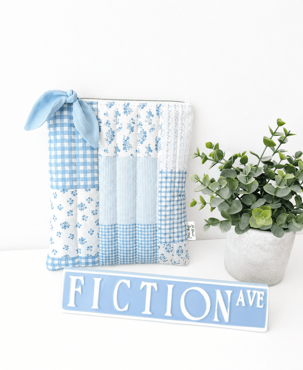 Blue Patchwork Gingham Quilted Kindle Sleeve: Quilted Cotton E-reader Cover - All About Bags Co