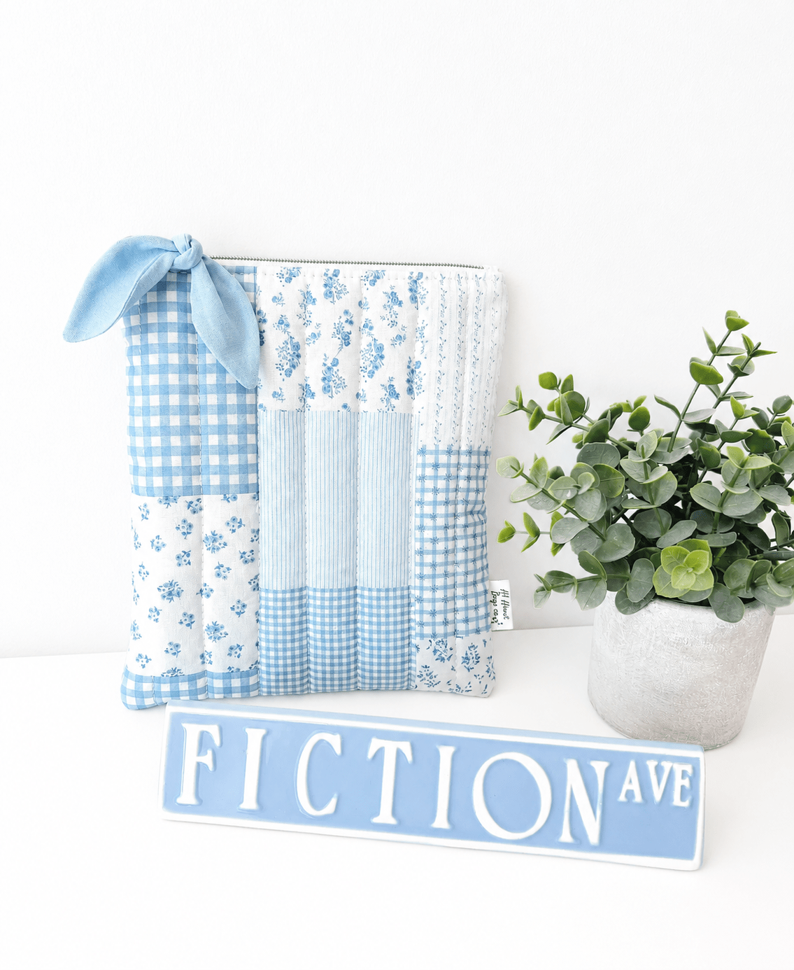 Blue Patchwork Gingham Quilted Kindle Sleeve: Quilted Cotton E-reader Cover - All About Bags Co