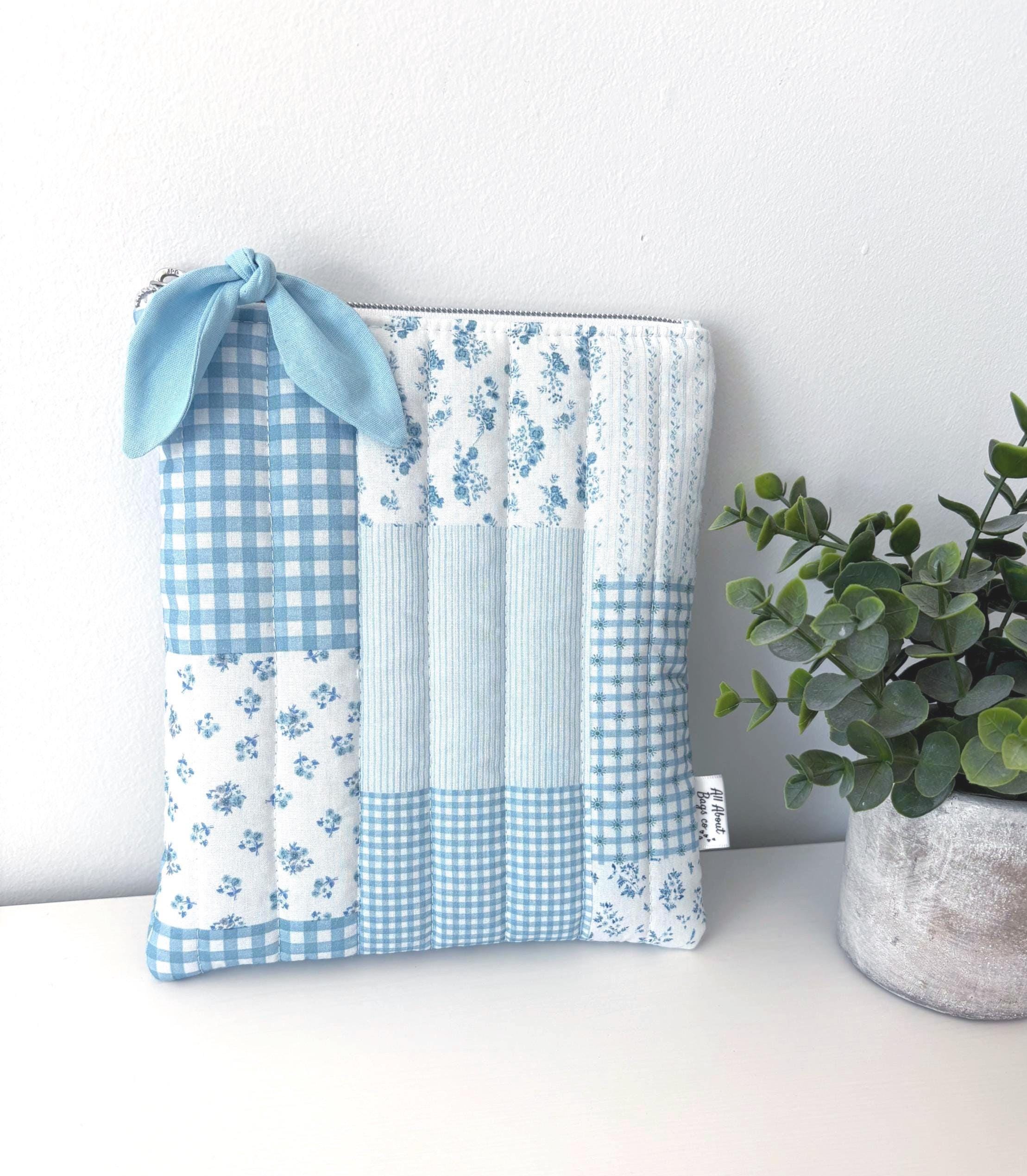 Blue Patchwork Gingham Quilted Kindle Sleeve: Quilted Cotton E - reader Cover - All About Bags Co