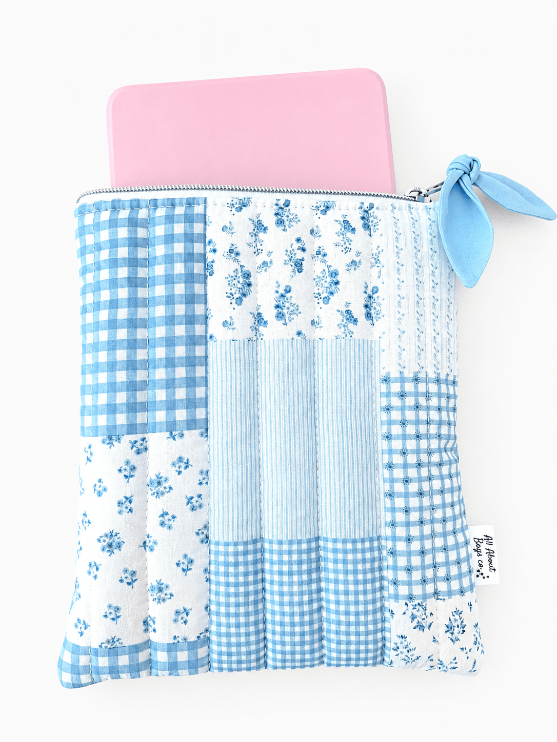 Blue Patchwork Gingham Quilted Kindle Sleeve: Quilted Cotton E-reader Cover - All About Bags Co