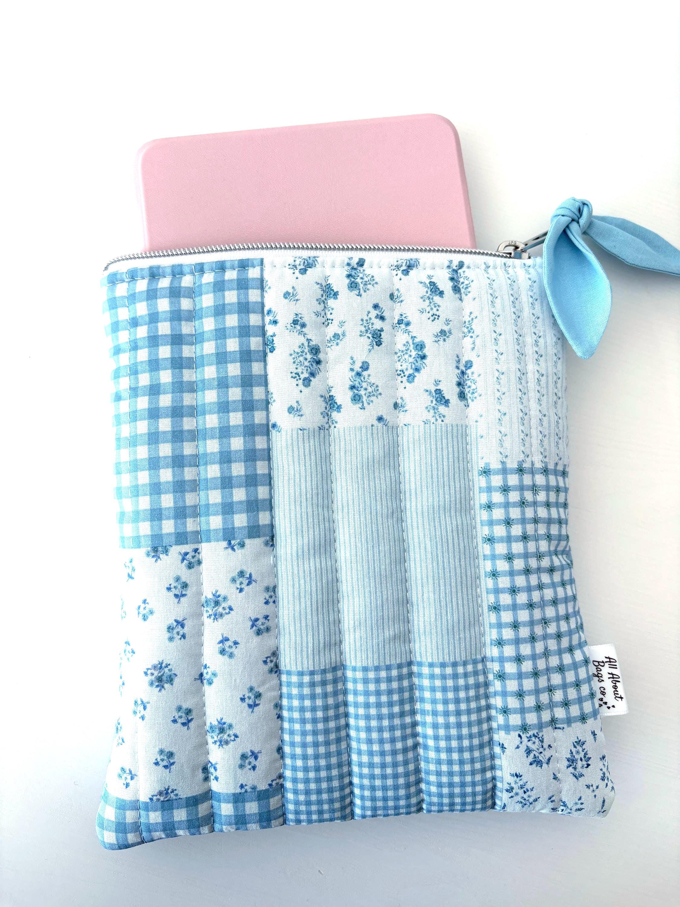 Blue Patchwork Gingham Quilted Kindle Sleeve: Quilted Cotton E - reader Cover - All About Bags Co