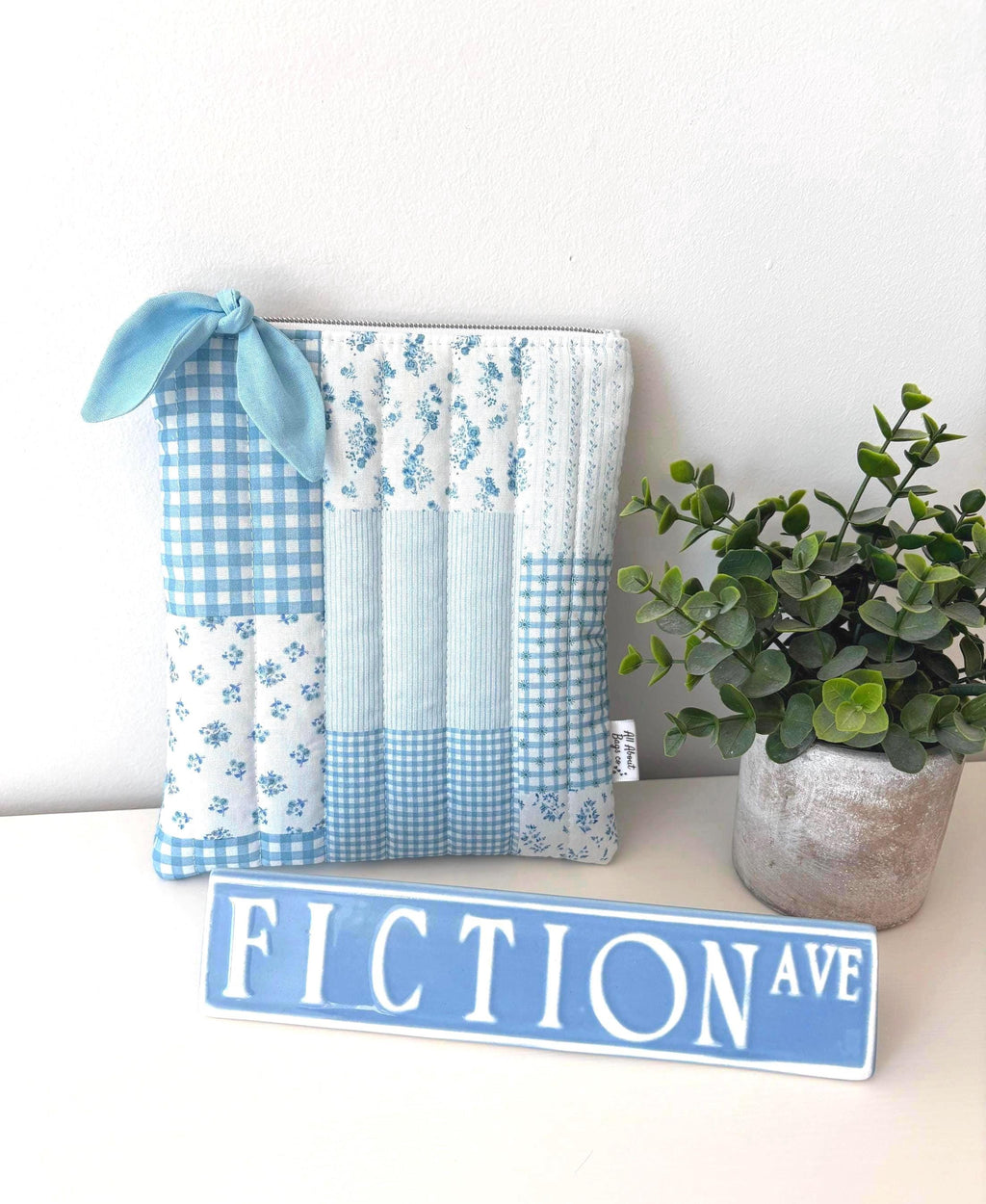 Blue Patchwork Gingham Quilted Kindle Sleeve: Quilted Cotton E - reader Cover - All About Bags Co