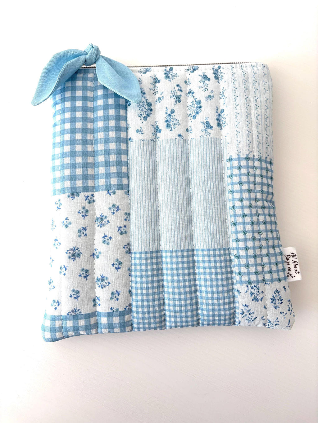 Blue Patchwork Gingham Quilted Kindle Sleeve: Quilted Cotton E - reader Cover - All About Bags Co