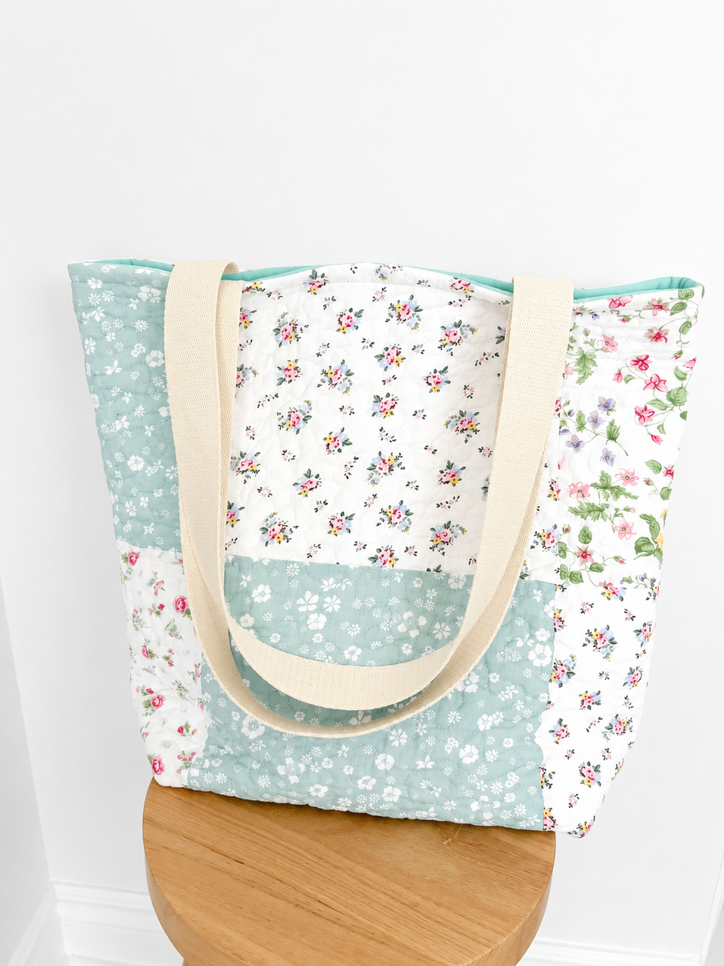 Blue Floral Patchwork Quilted Cotton Tote Bag