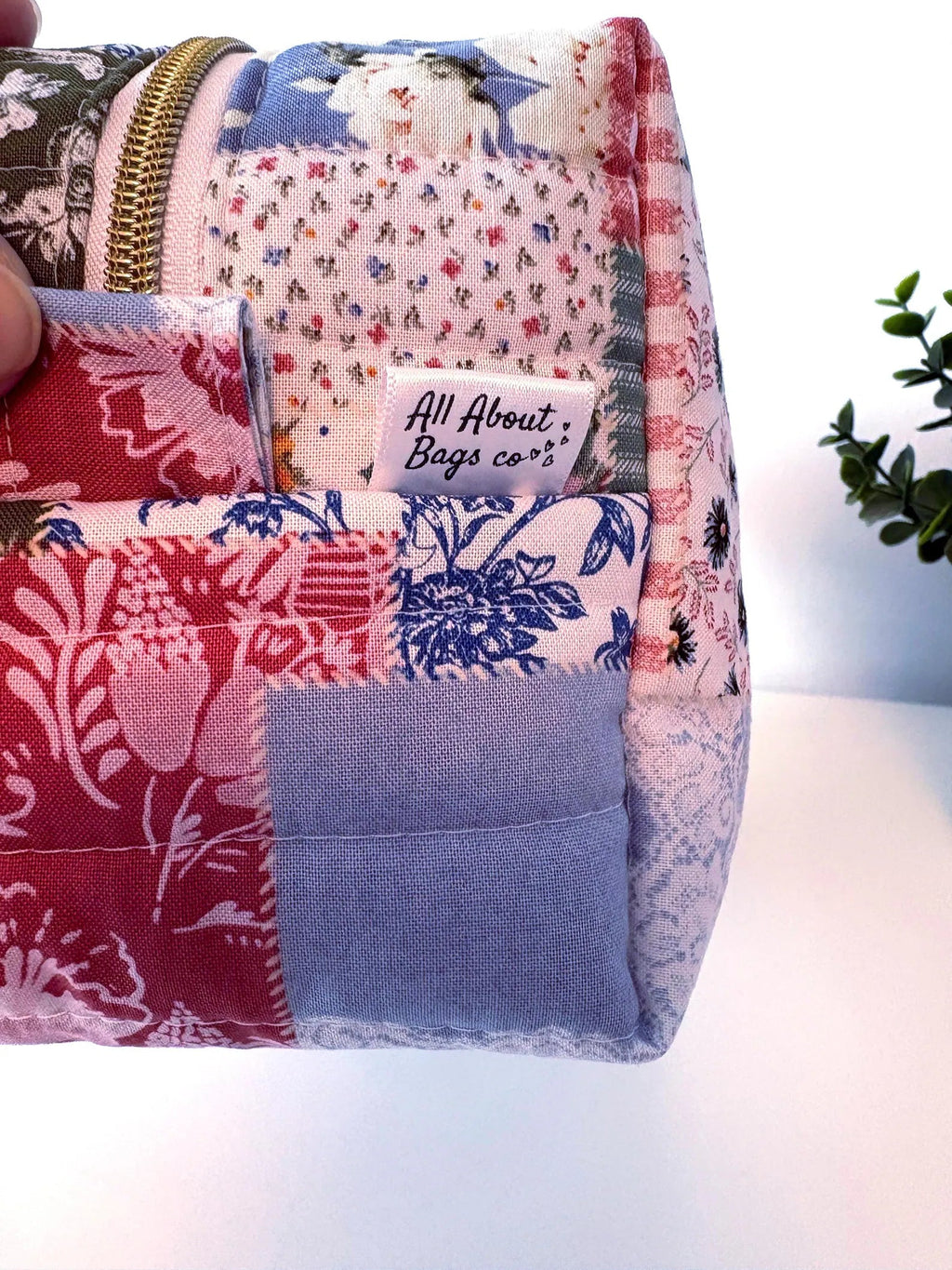 Boho Blue patchwork Makeup Bag with water-resistant lining - Square Boxy Cosmetic Case - All About Bags Co