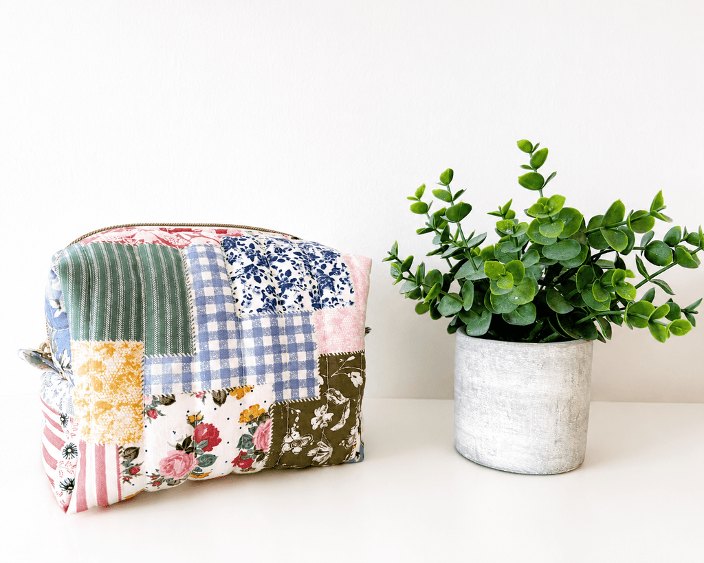 Boho Blue patchwork Makeup Bag with water-resistant lining - Square Boxy Cosmetic Case - All About Bags Co