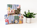 Boho Blue patchwork Makeup Bag with water-resistant lining - Square Boxy Cosmetic Case - All About Bags Co