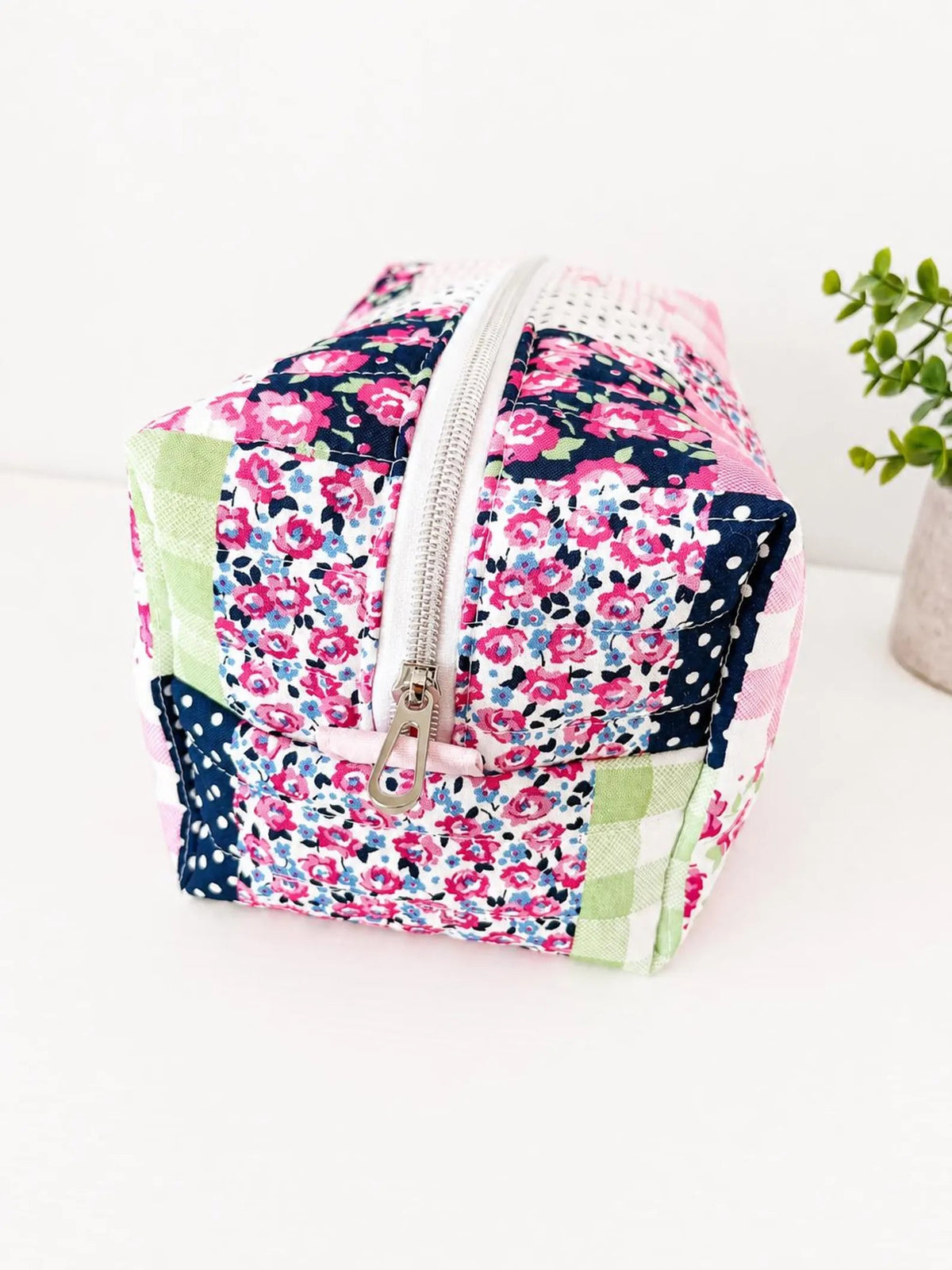 Bold Blue Pink patchwork Makeup Bag with water-resistant lining - Square Boxy Cosmetic Case - All About Bags Co