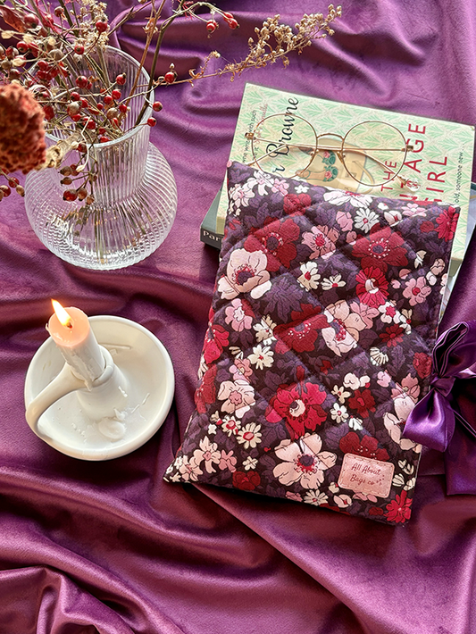 Liberty Purple Floral Quilted Book Sleeve with Side Satin Ties