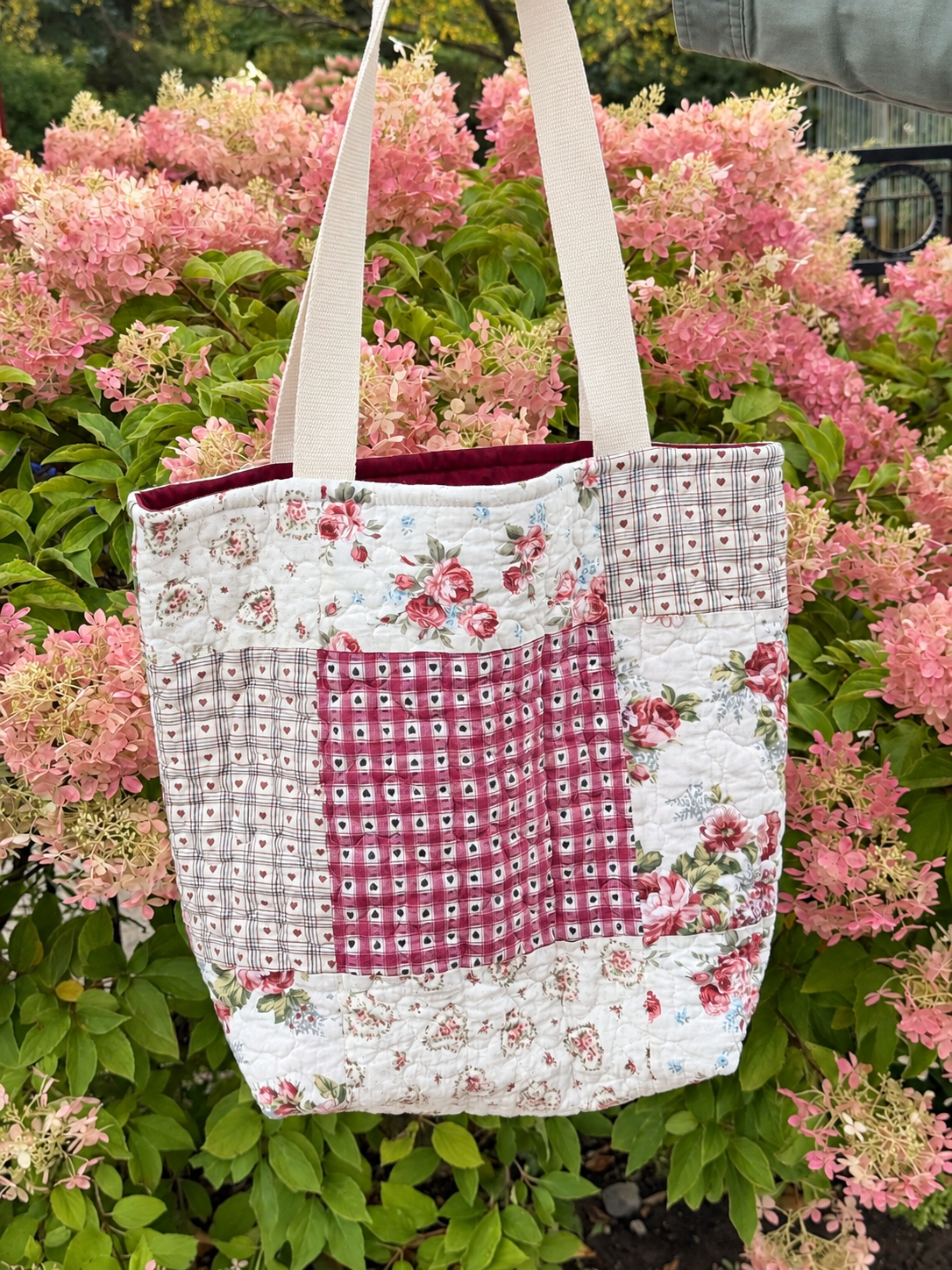 Burgundy floral patchwork quilted tote bag - All About Bags Co