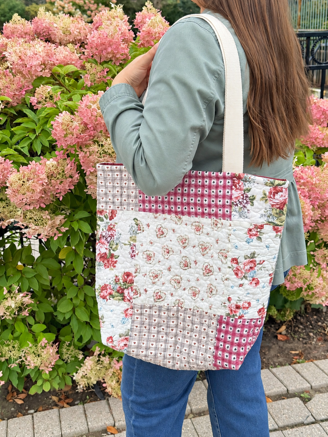 Burgundy floral patchwork quilted tote bag - All About Bags Co