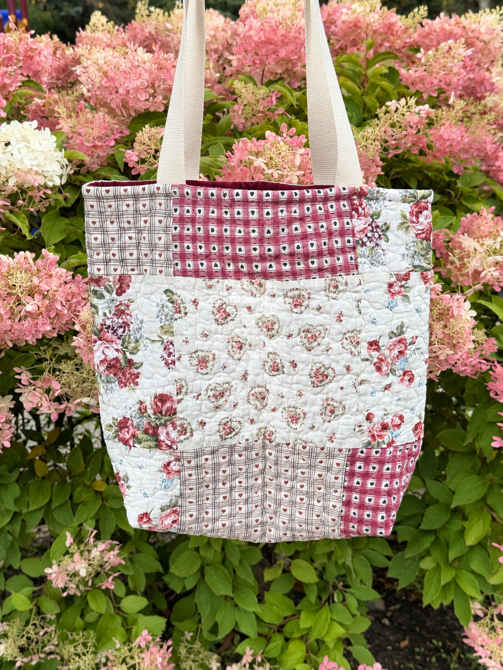 Burgundy floral patchwork quilted tote bag - All About Bags Co