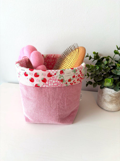 Corduroy padded Makeup Organizer with strawberry lining – Handmade Cotton Vanity puff bucket - All About Bags Co