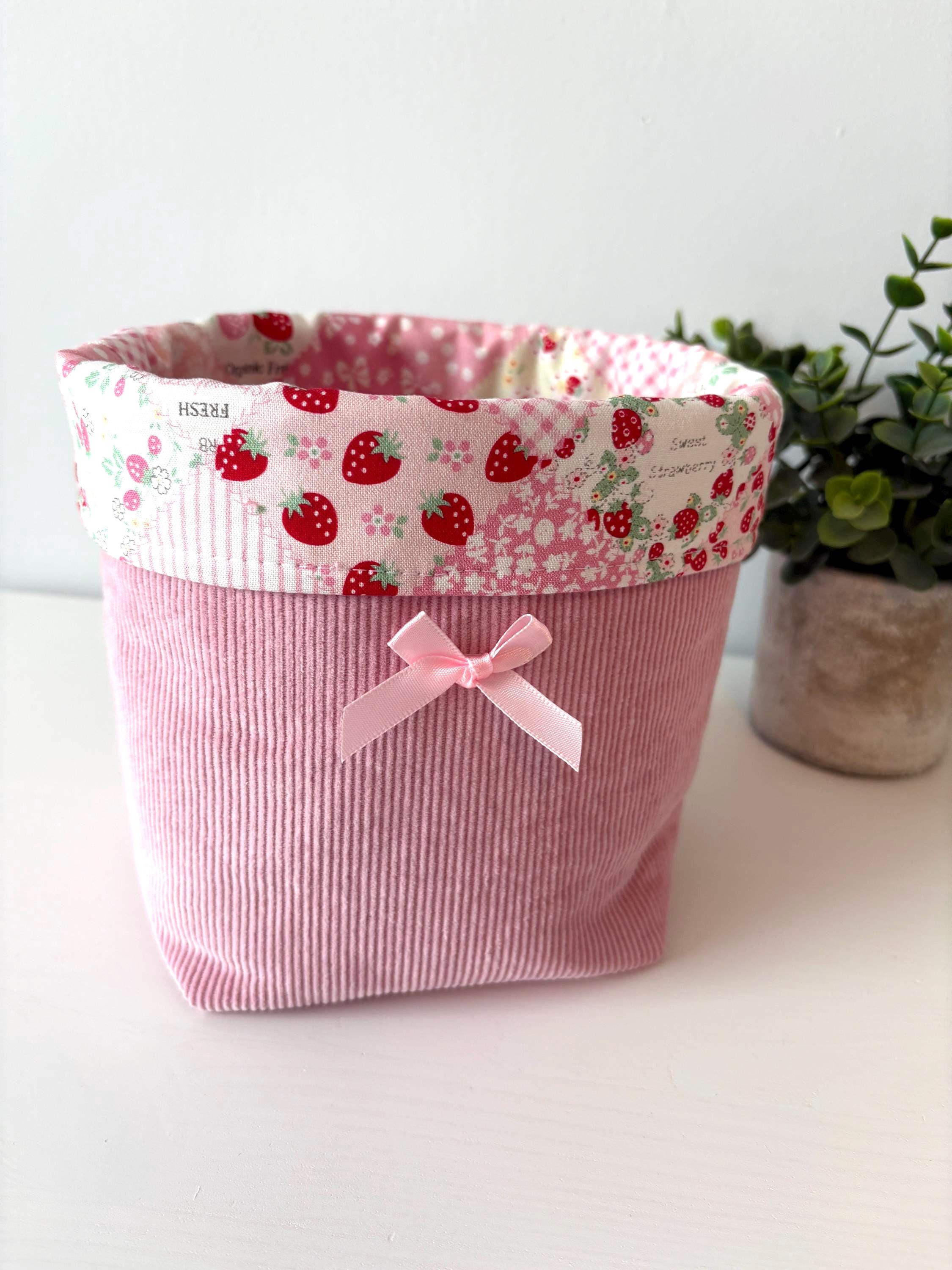Corduroy padded Makeup Organizer with strawberry lining – Handmade Cotton Vanity puff bucket - All About Bags Co