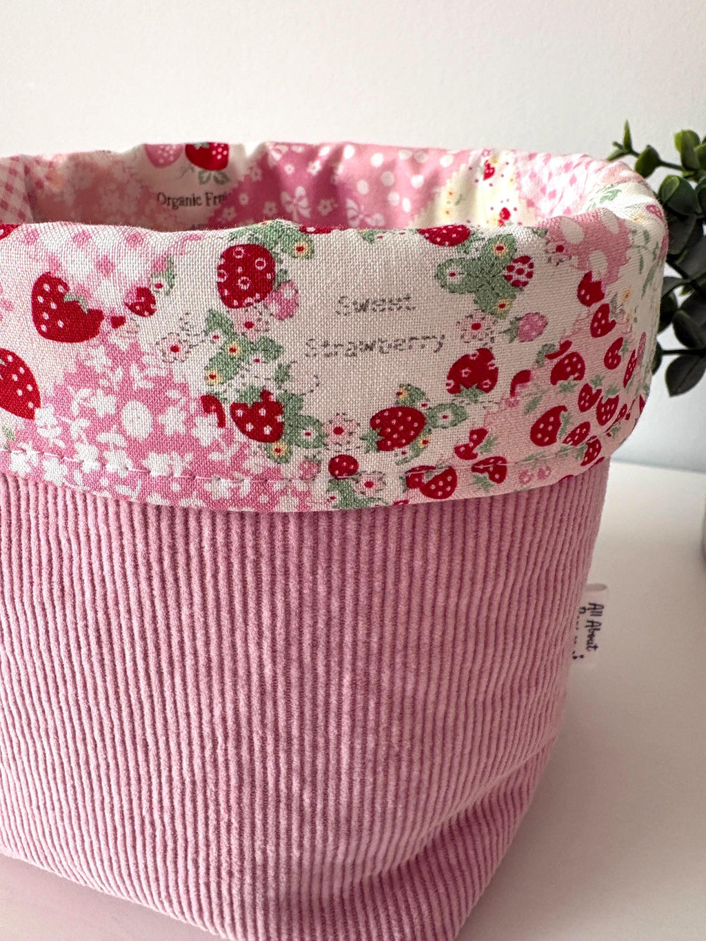Corduroy padded Makeup Organizer with strawberry lining – Handmade Cotton Vanity puff bucket - All About Bags Co